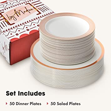 100 PCS Rose Gold Plastic Plates - 50 Dinner Plates & 50 Salad or Dessert Plates