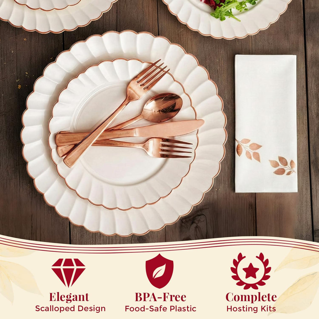 By Madee HEAVYWEIGHT Fancy Disposable Dinnerware Set – 175-Piece Ivory and Scalloped Rose Gold Disposable Plates, Cutlery & Linen-Feel Napkins, Elegant Nice for Weddings & Party (25 Guests)
