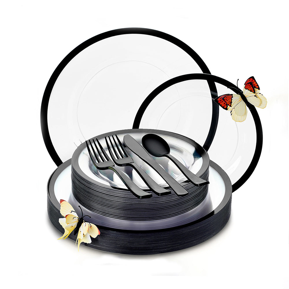 Clear & Black 150-Piece Party Set (25 Guests)