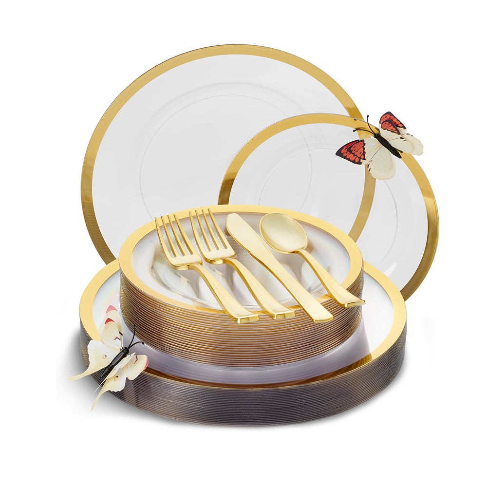 Clear & Gold 150-Piece Party Set (25 Guests)