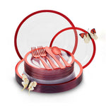 Clear red disposable dinnerware set for 25 guests