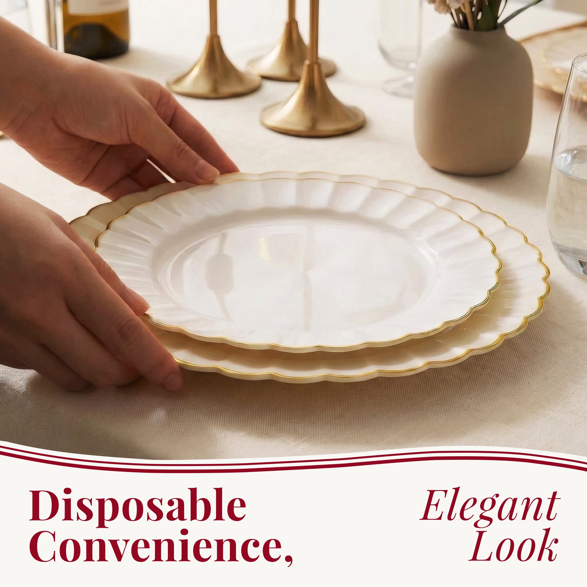 Ivory Gold Scalloped Plates – 60 Pc (30 Guests)