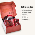 Contents of clear red 150-piece dinnerware set