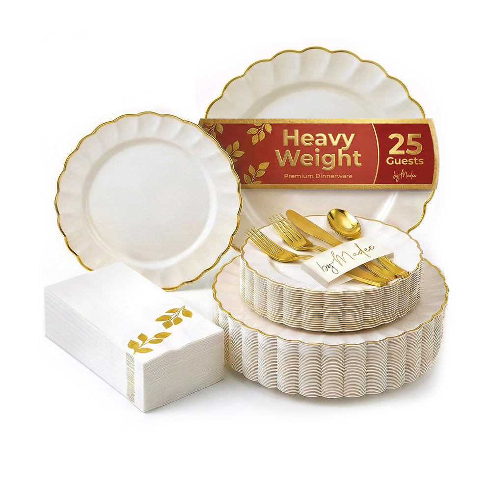 Ivory Gold Scalloped 175-Piece Set (25 Guests)