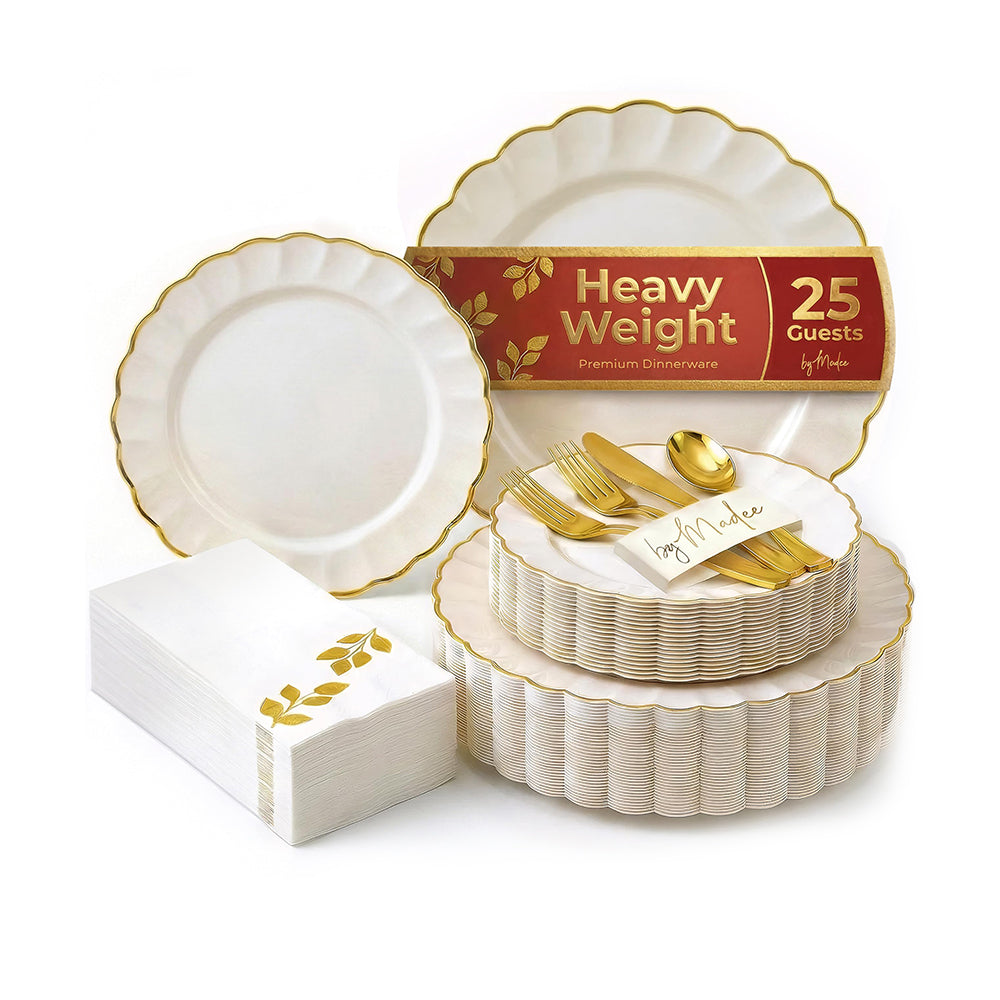 Ivory Gold Scalloped Plates – 100 Pc (50 Guests)