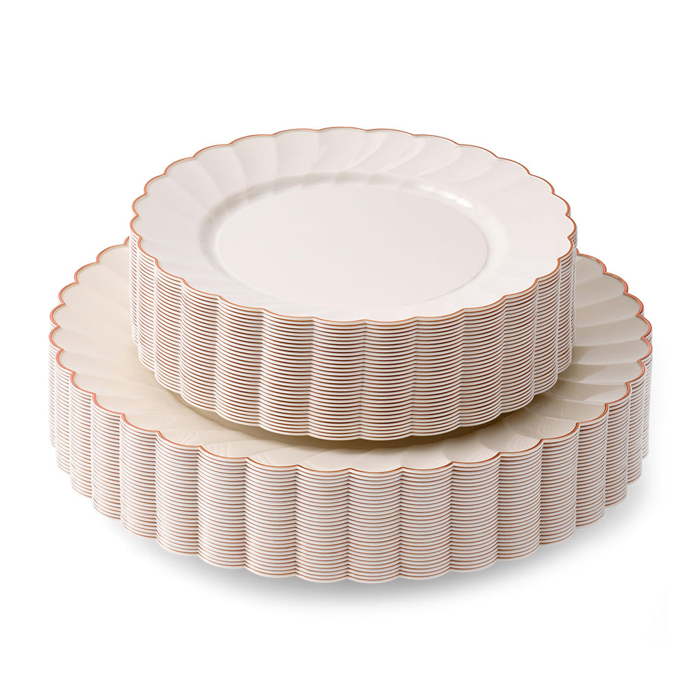 Ivory Rose Gold Scalloped Plates – 60 Pc (30 Guests)