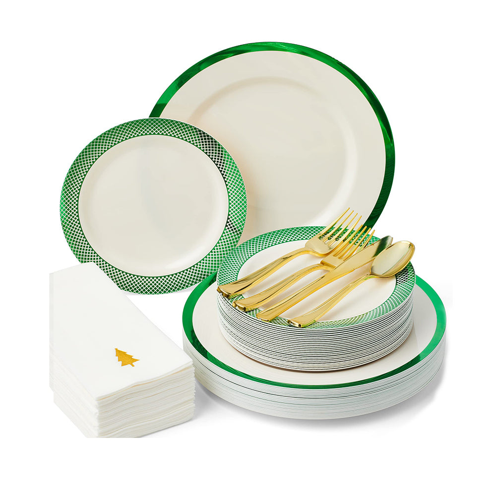 Ivory & Green Christmas 175-Piece Dinnerware Set (25 Guests)