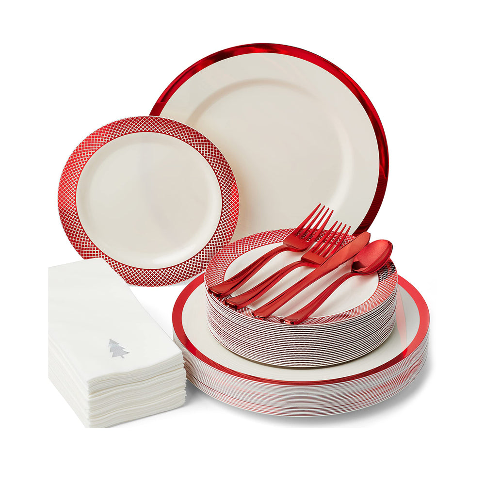 Ivory & Red Christmas 175-Piece Dinnerware Set (25 Guests)