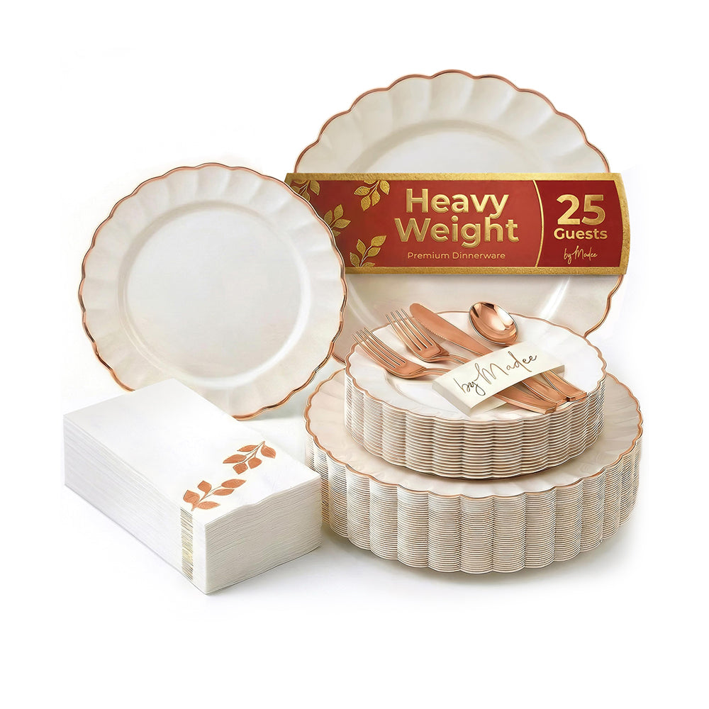 Ivory Rose Gold Scalloped 175-Piece Set (25 Guests)