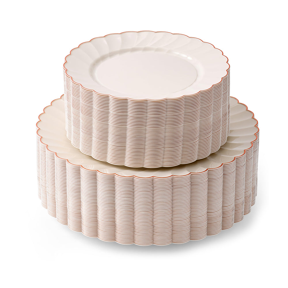 Ivory Rose Gold Scalloped Plates – 100 Pc (50 Guests)