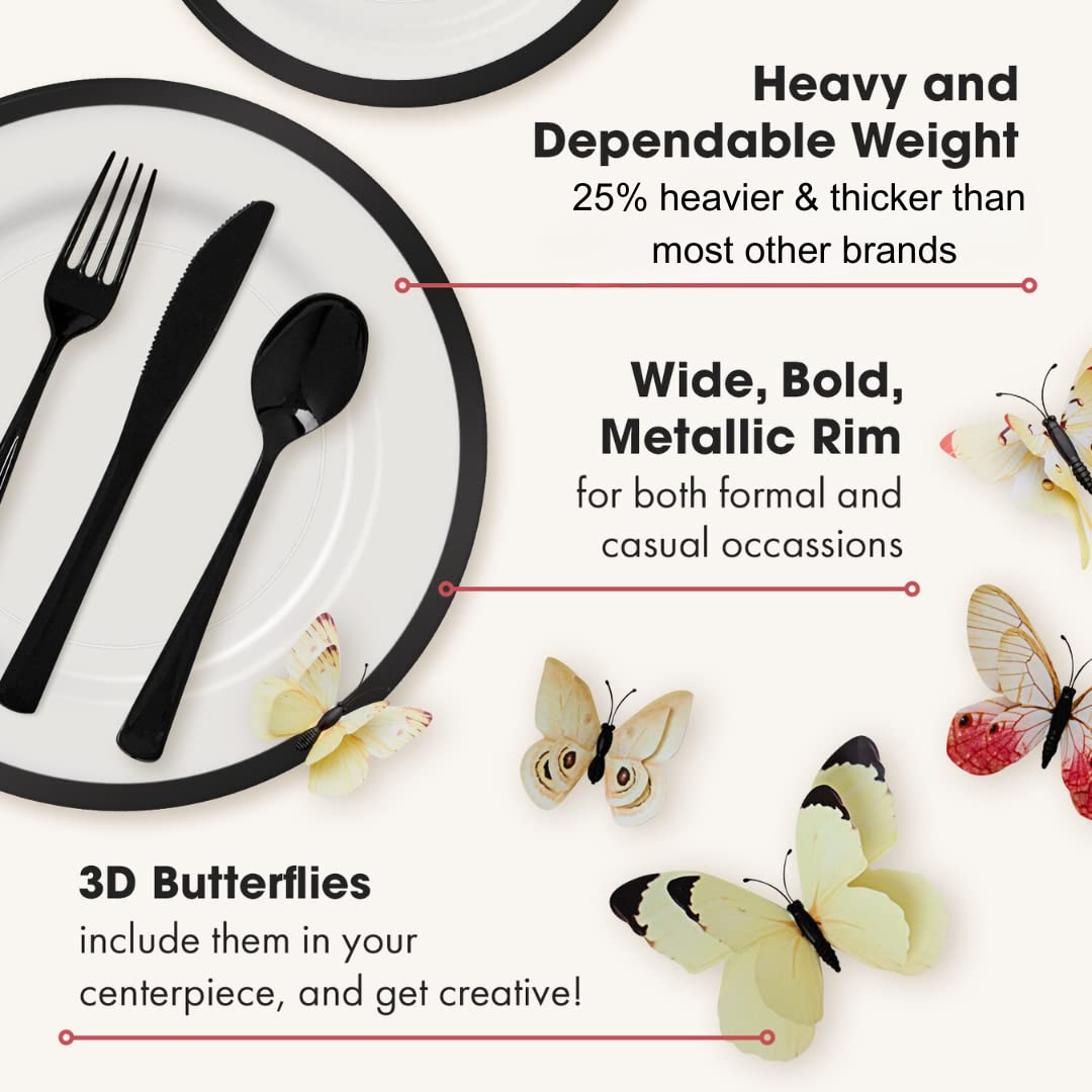 By Madee HEAVYWEIGHT 150 Pcs Clear and Black Party Plates and Utensils Set | Fancy Disposable Dinnerware Set with Gift of 3D Butterflies for Table Decor (150 Pcs 25 Guests)