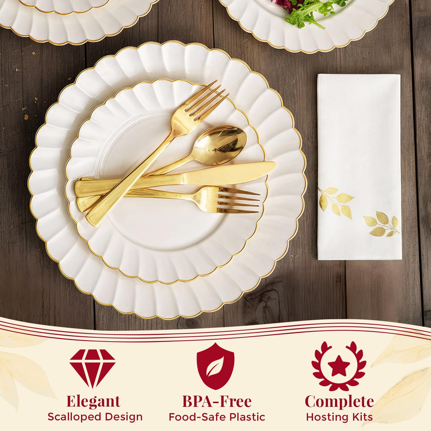 By Madee HEAVYWEIGHT 175 Pc Thanksgiving Plastic Plates and Napkins Sets – Ivory Scalloped Plates with Gold Trim | Fall Disposable Dinnerware Set | Host Beautifully (25 Guests)