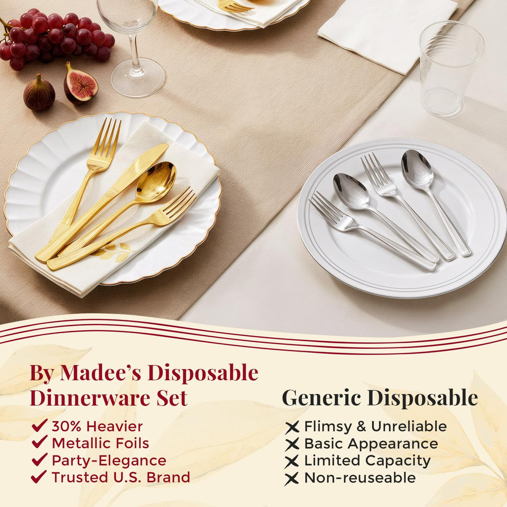 By Madee HEAVYWEIGHT 175 Pc Thanksgiving Plastic Plates and Napkins Sets – Ivory Scalloped Plates with Gold Trim | Fall Disposable Dinnerware Set | Host Beautifully (25 Guests)