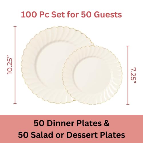 By Madee HEAVYWEIGHT 100 Pc Fancy Disposable Plates Set | Ivory Scalloped Premium Disposable Plates with Rose Gold Trim | 50 Dinner Plates & 50 Dessert Wedding Shower Party