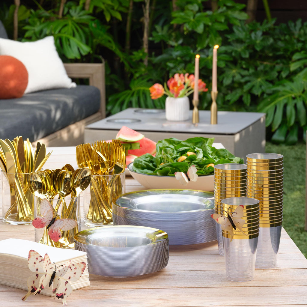 By Madee HEAVYWEIGHT 150 Pcs Clear Plates Disposable Plastic Plates for Party | Disposable Plastic Plates and Silverware Set 25 Guests | High End Disposable Plates | Gift of 3D Butterflies