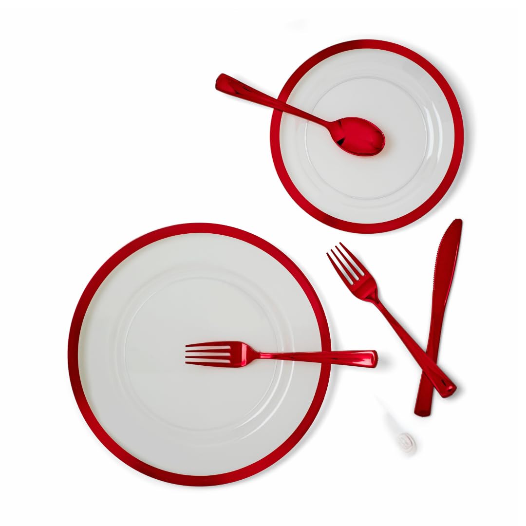 By Madee HEAVYWEIGHT 150 Pcs Clear and Red Plastic Plates | Fancy Disposable Plates for Party, Wedding, Valentines | Gift of 3D Butterfles for Table Decor | 25 Guests