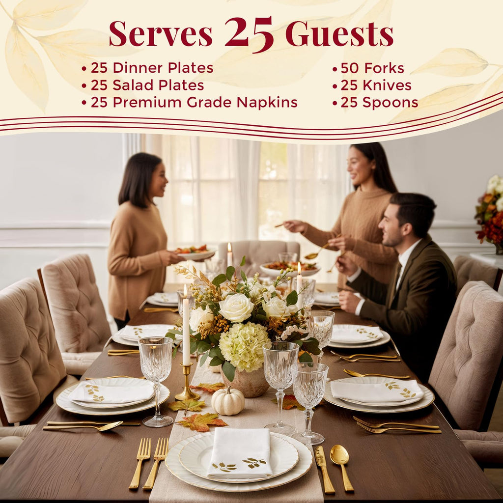 By Madee HEAVYWEIGHT 175 Pc Thanksgiving Plastic Plates and Napkins Sets – Ivory Scalloped Plates with Gold Trim | Fall Disposable Dinnerware Set | Host Beautifully (25 Guests)