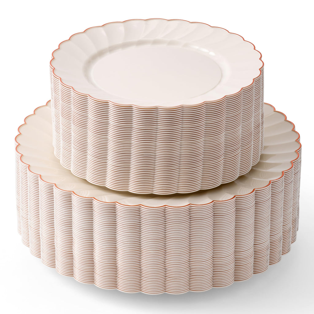 By Madee HEAVYWEIGHT 100 Pc Fancy Disposable Plates Set | Ivory Scalloped Premium Disposable Plates with Rose Gold Trim | 50 Dinner Plates & 50 Dessert Wedding Shower Party