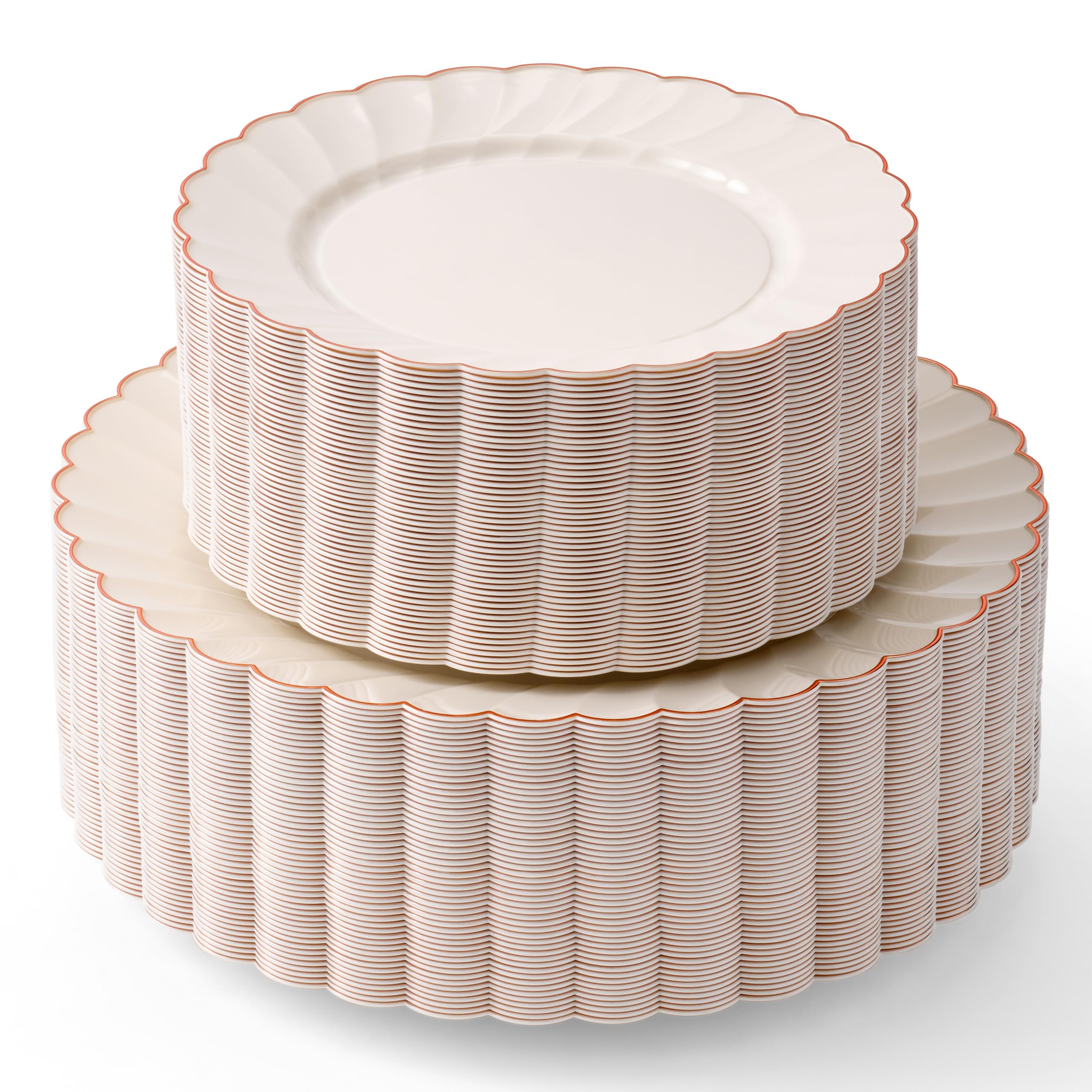 By Madee HEAVYWEIGHT 100 Pc Fancy Disposable Plates Set | Ivory Scalloped Premium Disposable Plates with Rose Gold Trim | 50 Dinner Plates & 50 Dessert Wedding Shower Party