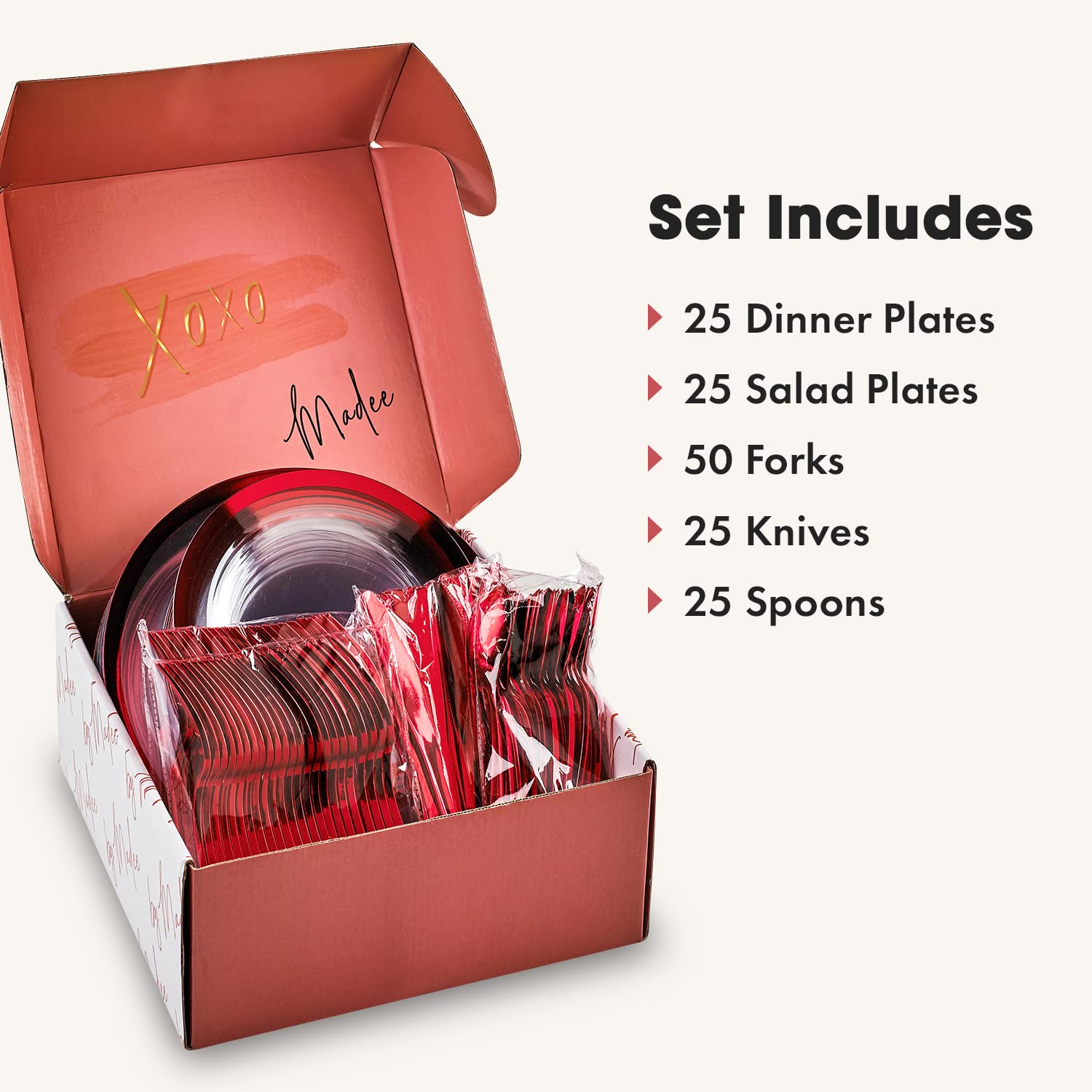 By Madee HEAVYWEIGHT 150 Pcs Clear and Red Plastic Plates | Fancy Disposable Plates for Party, Wedding, Valentines | Gift of 3D Butterfles for Table Decor | 25 Guests