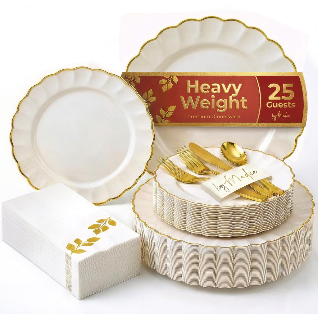 By Madee HEAVYWEIGHT 175 Pc Thanksgiving Plastic Plates and Napkins Sets – Ivory Scalloped Plates with Gold Trim | Fall Disposable Dinnerware Set | Host Beautifully (25 Guests)