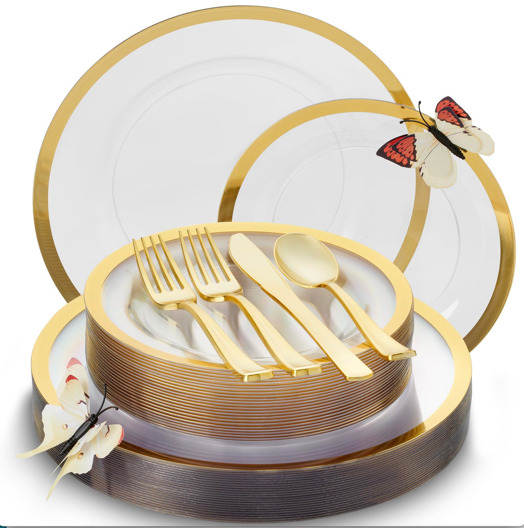 By Madee HEAVYWEIGHT 150 Pcs Clear Plates Disposable Plastic Plates for Party | Disposable Plastic Plates and Silverware Set 25 Guests | High End Disposable Plates | Gift of 3D Butterflies