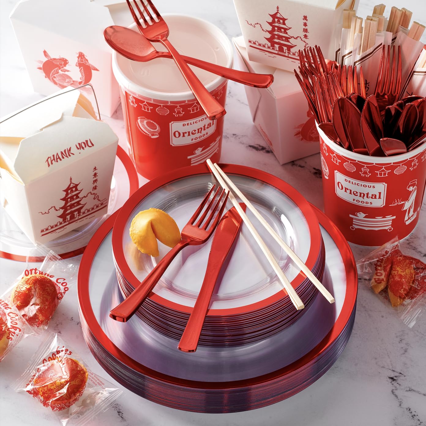 By Madee HEAVYWEIGHT 150 Pcs Clear and Red Plastic Plates | Fancy Disposable Plates for Party, Wedding, Valentines | Gift of 3D Butterfles for Table Decor | 25 Guests