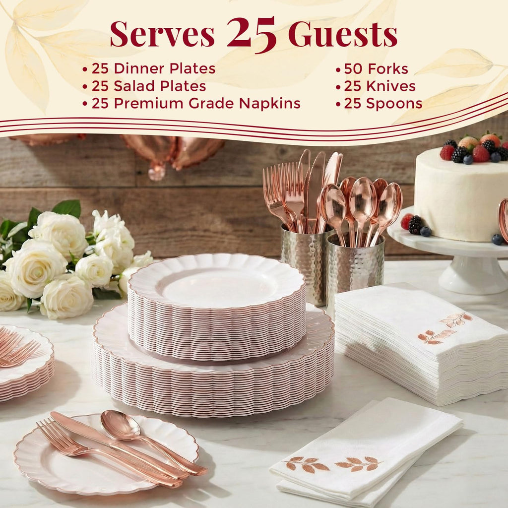 By Madee HEAVYWEIGHT Fancy Disposable Dinnerware Set – 175-Piece Ivory and Scalloped Rose Gold Disposable Plates, Cutlery & Linen-Feel Napkins, Elegant Nice for Weddings & Party (25 Guests)