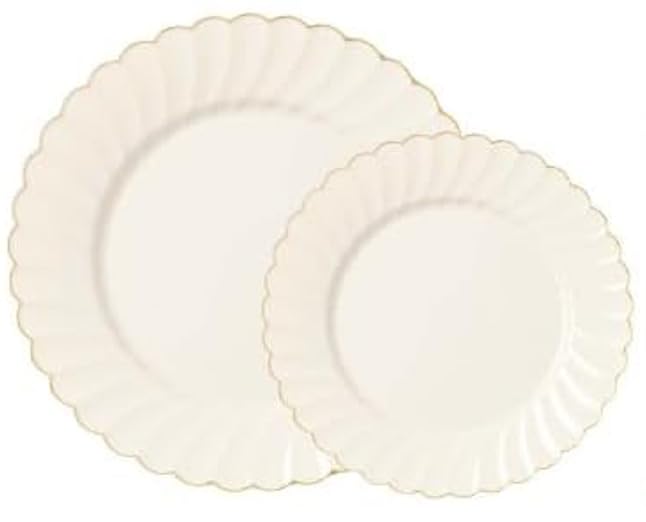 By Madee HEAVYWEIGHT 100 Pc Fancy Disposable Plates Set | Ivory Scalloped Premium Disposable Plates with Rose Gold Trim | 50 Dinner Plates & 50 Dessert Wedding Shower Party