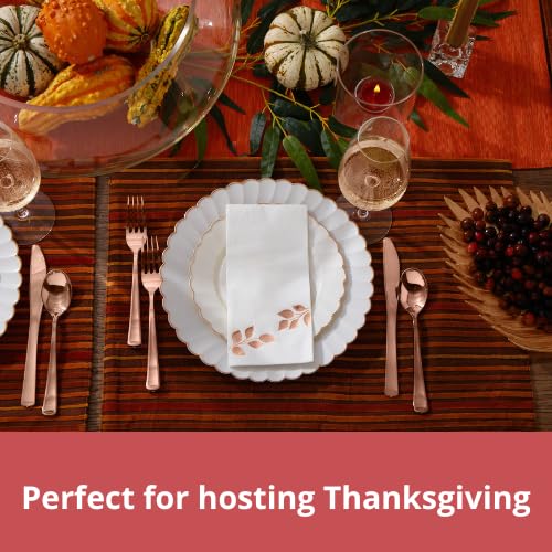 By Madee HEAVYWEIGHT 100 Pc Fancy Disposable Plates Set | Ivory Scalloped Premium Disposable Plates with Rose Gold Trim | 50 Dinner Plates & 50 Dessert Wedding Shower Party