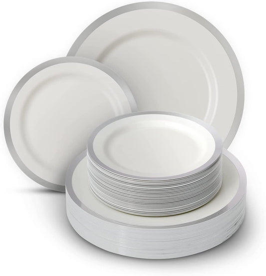 60 PCS Silver Rimmed Plastic Plates - 30 Dinner Plates & 30 Salad or Dessert Plates