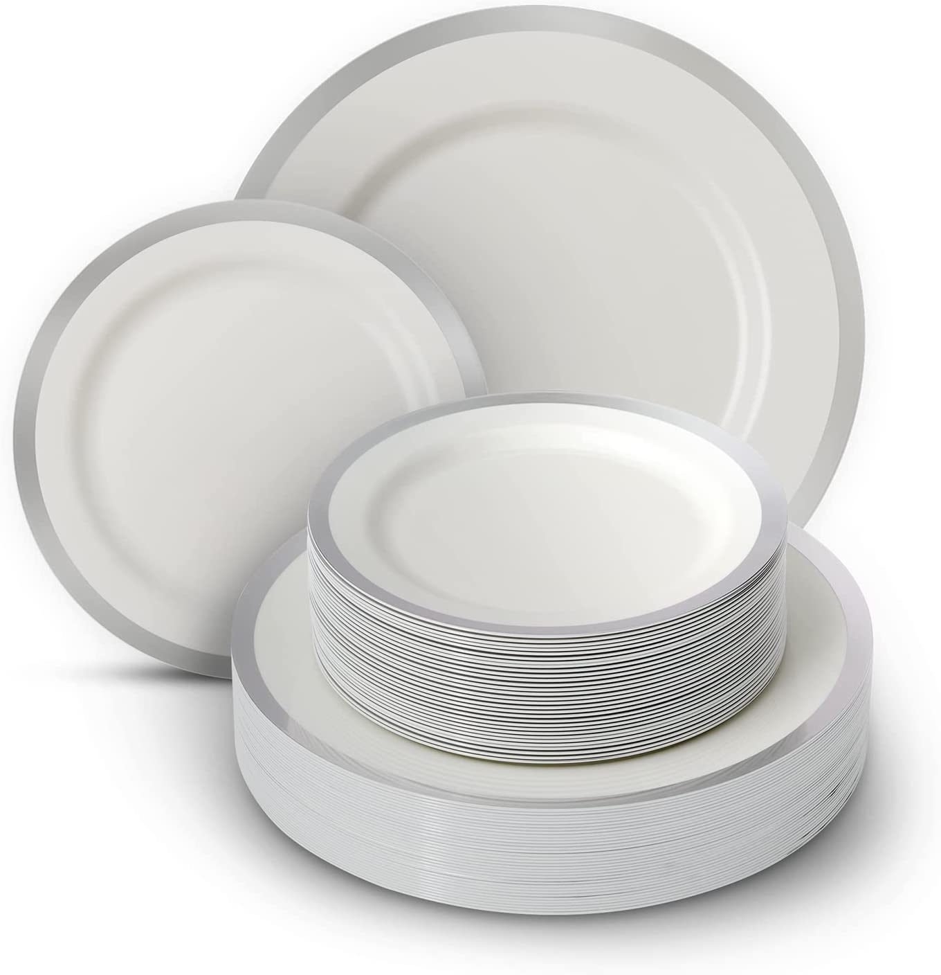 60 PCS Silver Plastic Plates - 30 Silver Rim Dinner Plates & 30 Salad or Dessert Plates w/ Grid Design